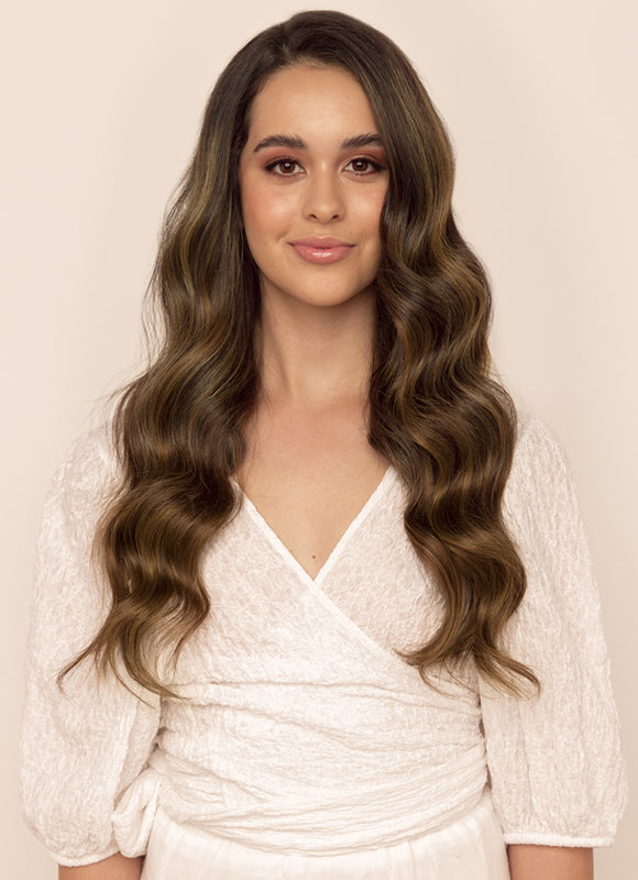 16 inch Full Volume Clip in Hair Extensions Mocha & Medium Brown Balayage