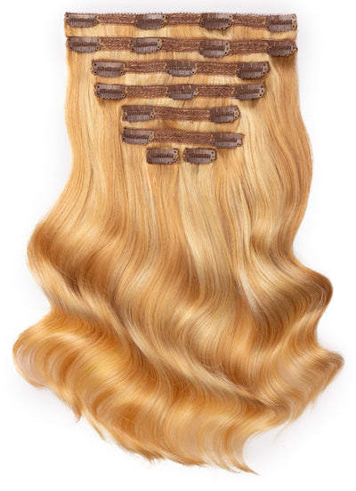 16 inch Full Volume Clip in Hair Extensions Light Blonde with Strawberry Blonde Highlights