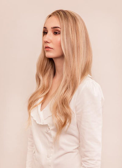 20 inch Ultimate Volume Clip in Hair Extensions Light Brown with Light Blonde Highlights