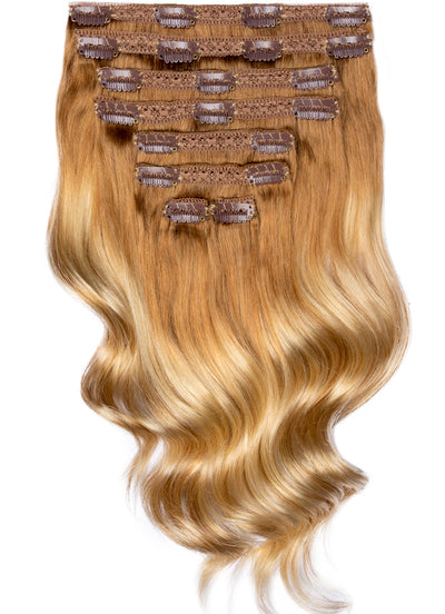 20 inch Full Volume Clip in Hair Extensions Ash Brown & Light Blonde Balayage