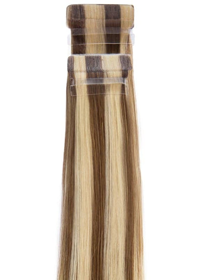 20 Inch Remy Tape Hair Extensions Medium Ash Brown to Golden & Light Blonde Highlights Balayage